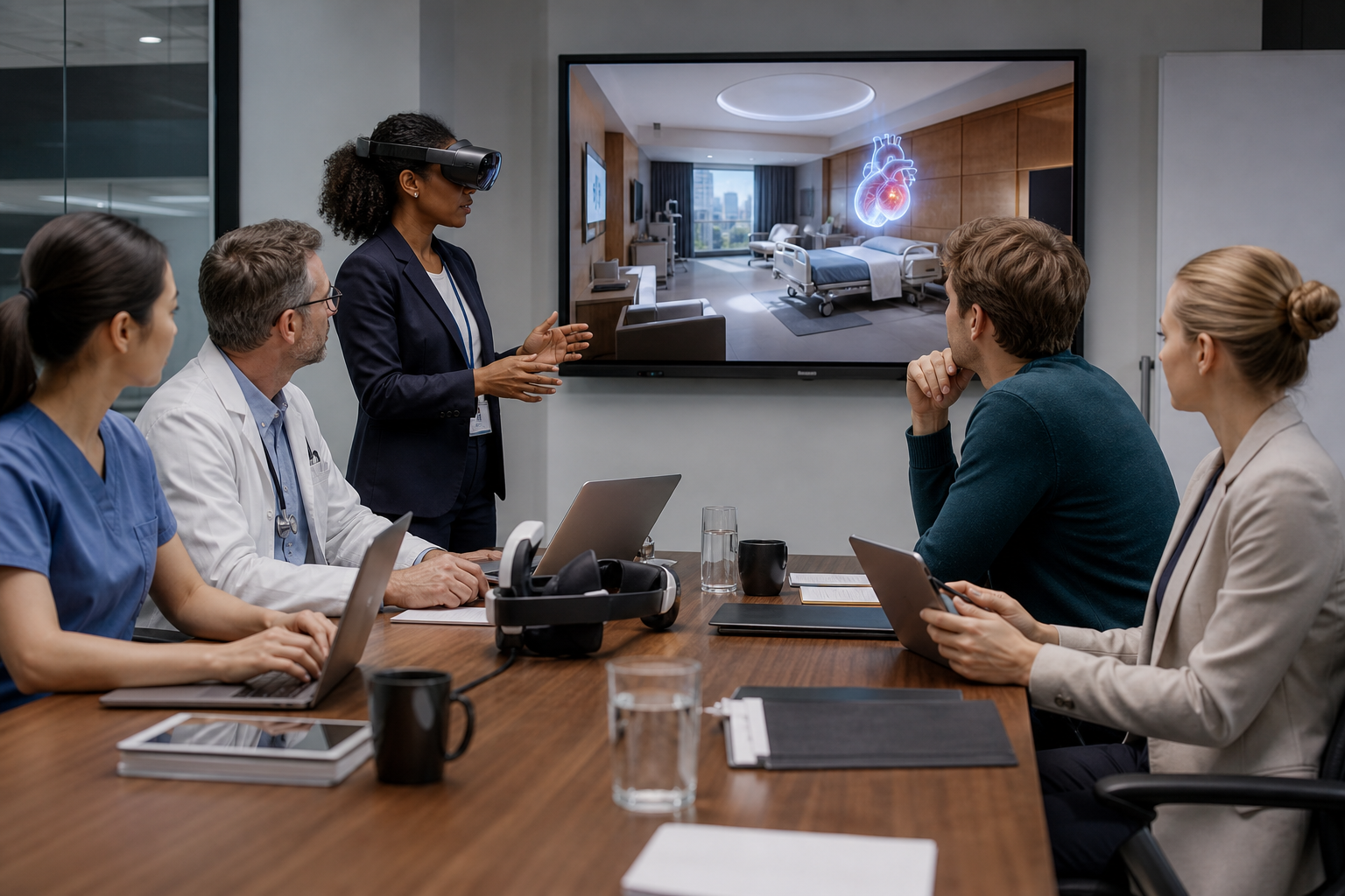 Healthcare team reviewing privacy and governance for an immersive patient education prototype