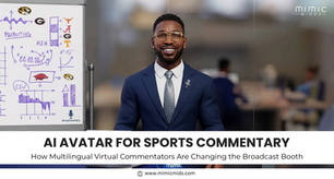 AI avatar in a suit smiles in a broadcast booth. A white board with sports diagrams and team logos is visible. Text: "AI Avatar for Sports Commentary."