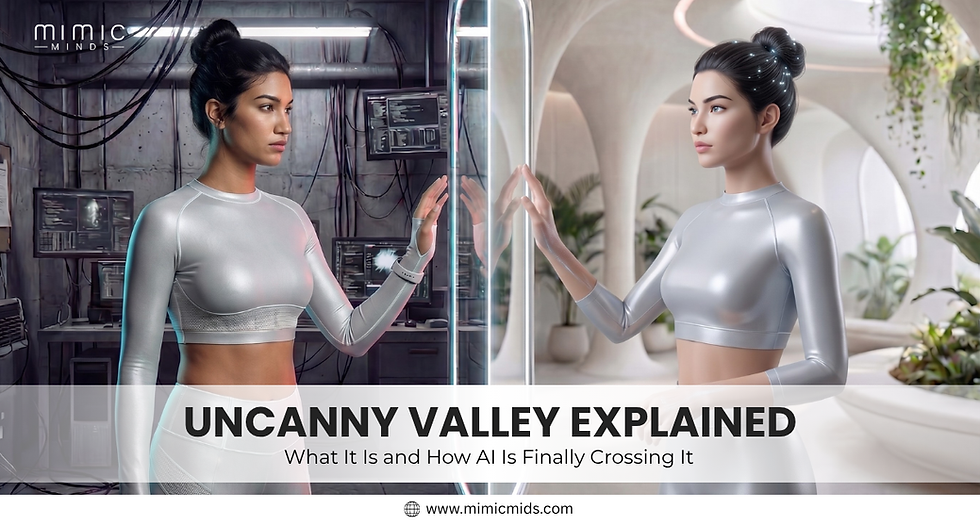 Two identical women in shiny silver outfits touch a glass wall separating a dark tech room and a bright, plant-filled space. Text: Uncanny Valley Explained.