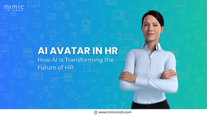 AI avatar with arms crossed on blue tech background. Text: AI AVATAR IN HR, How AI Is Transforming the Future of HR. Logo top-left.