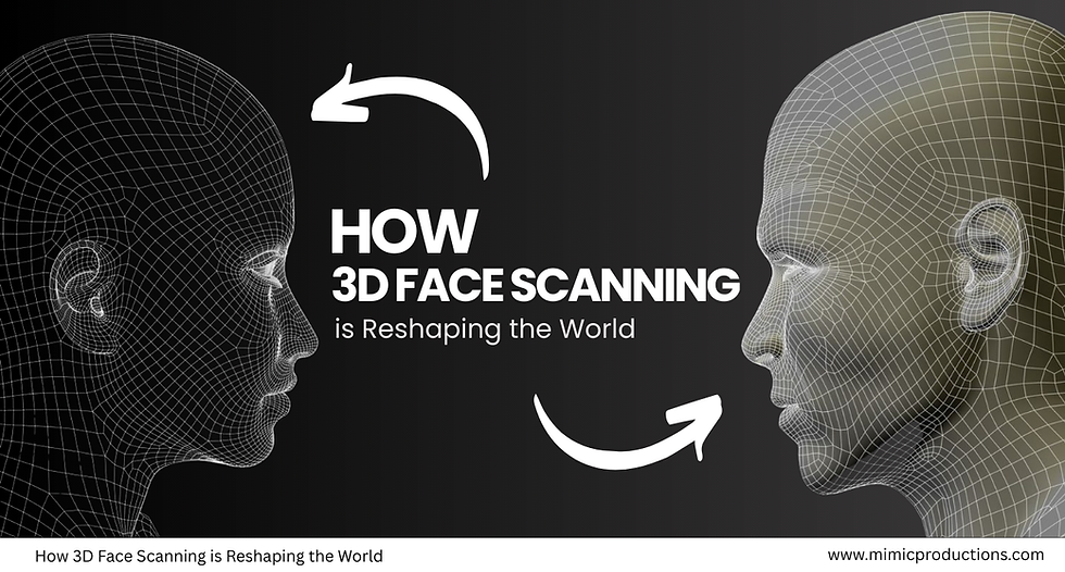 Wireframe profiles face each other with text "How 3D Face Scanning is Reshaping the World" in the center, on a dark background.