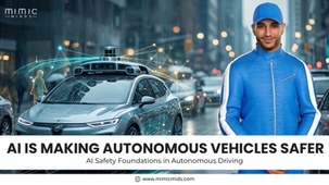 Autonomous car in a rainy city with network graphics. A person in a blue outfit stands beside it. Text: AI is Making Autonomous Vehicles Safer.