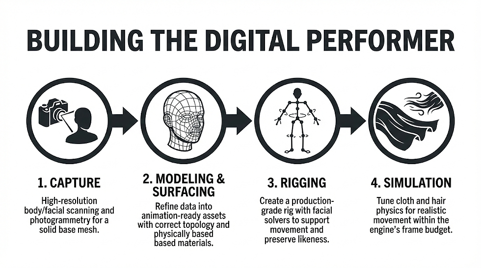 Infographic titled "Building the Digital Performer" with four steps: Capture, Modeling & Surfacing, Rigging, Simulation, in black font.