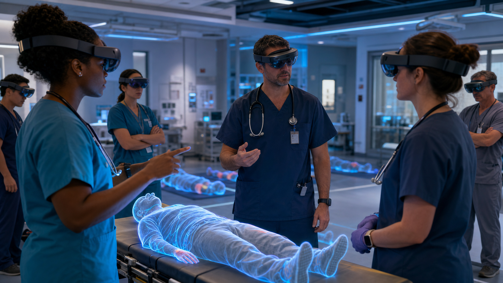 Emergency clinicians rehearsing a high-risk response scenario through XR simulation