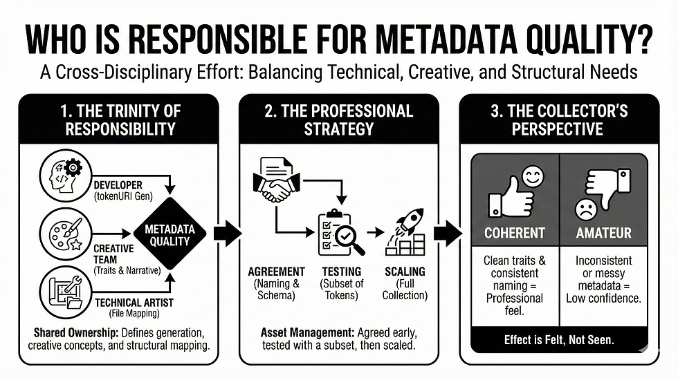 Infographic on metadata quality responsibility, showing roles, strategies, and perspectives. Includes Developer, Creative Team, Technical Artist, and more.