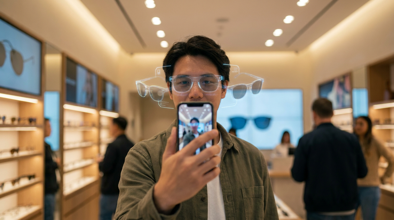 Person using AR virtual try on on smartphone in a retail store - Mimic Retail