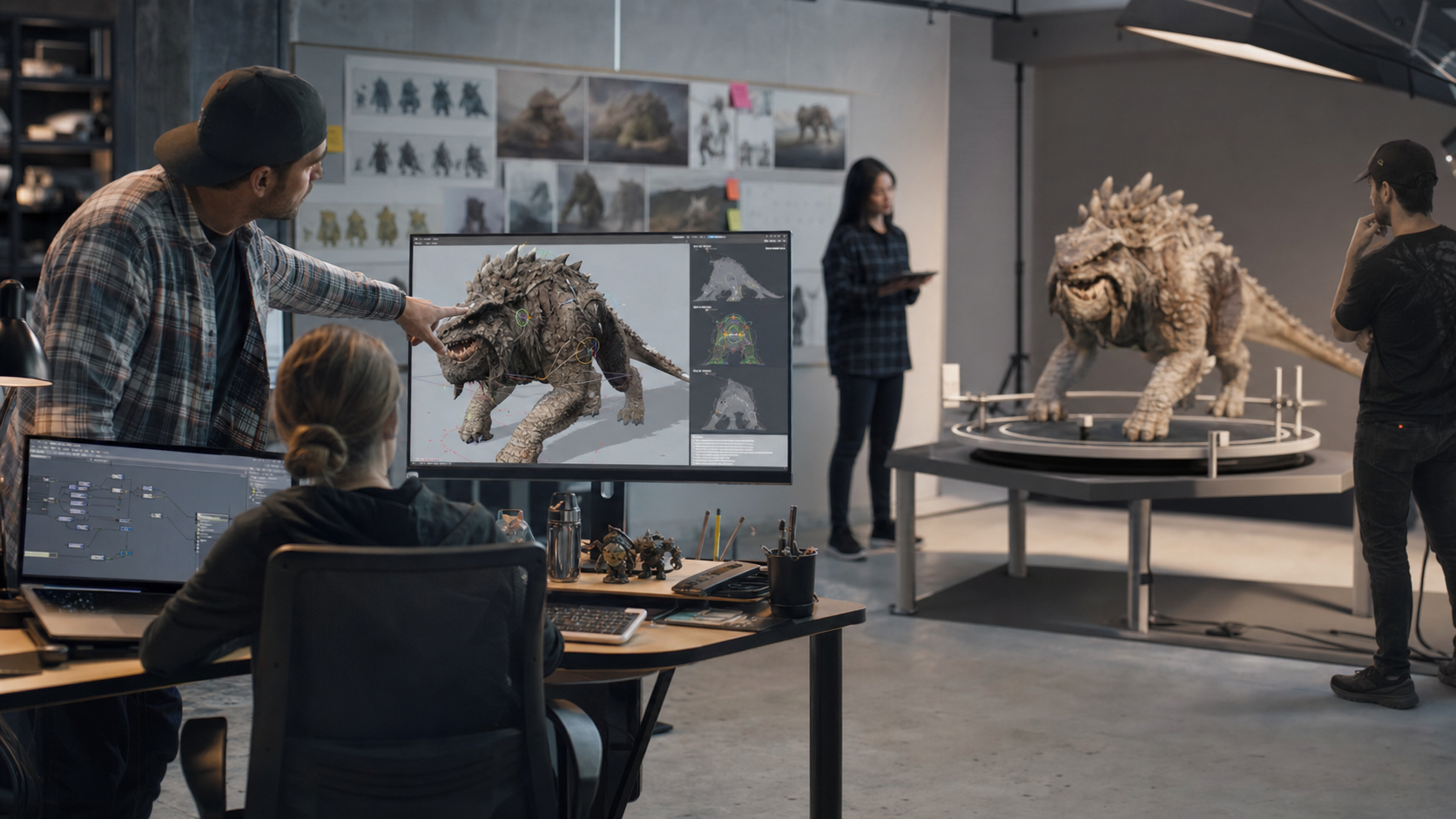 Creature production team reviewing a sculpt for quality assurance and handoff