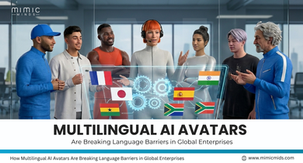 Diverse AI avatars in an office gather around a holographic panel with flags and gears; text reads Multilingual AI Avatars.
