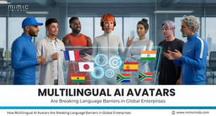 Diverse AI avatars in an office gather around a holographic panel with flags and gears; text reads Multilingual AI Avatars.