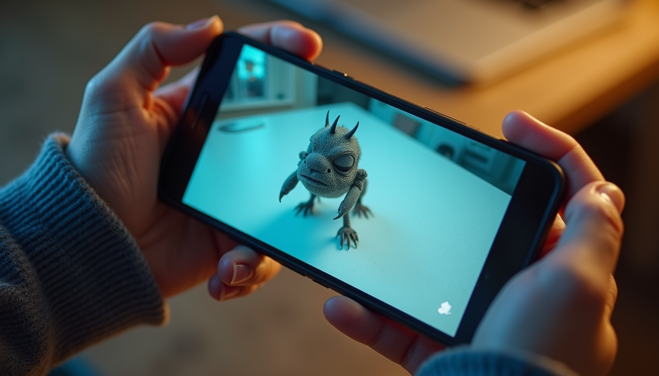 High angle view of a smartphone displaying a 3D creature in augmented reality