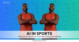 Two smiling men in red shirts with arms crossed, mirrored against a blue sports-themed background. Text: "AI IN SPORTS – How AI is Transforming the Games."