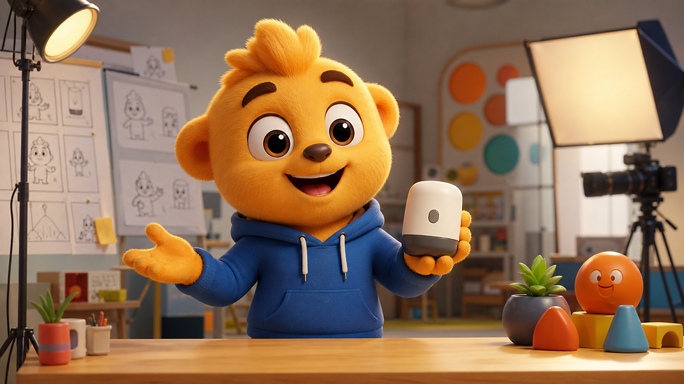 3D cartoon mascot presenting a brand story in a professional animation studio