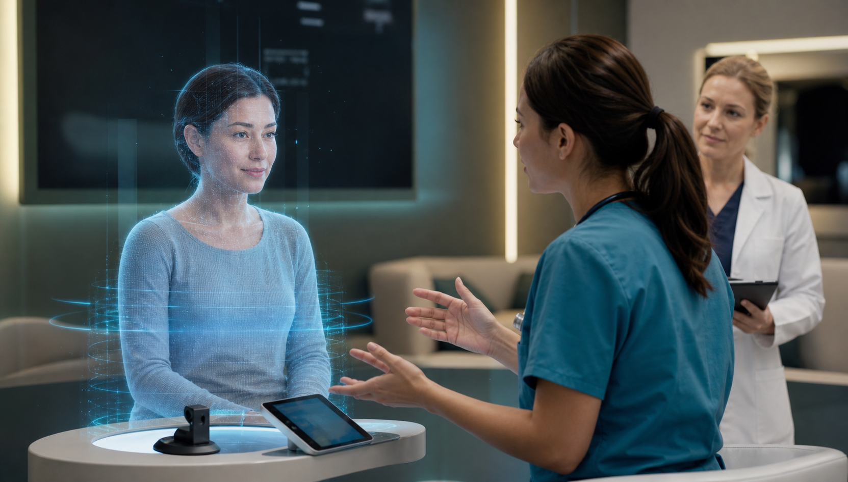 AI avatar coaching a clinician through a virtual care scenario