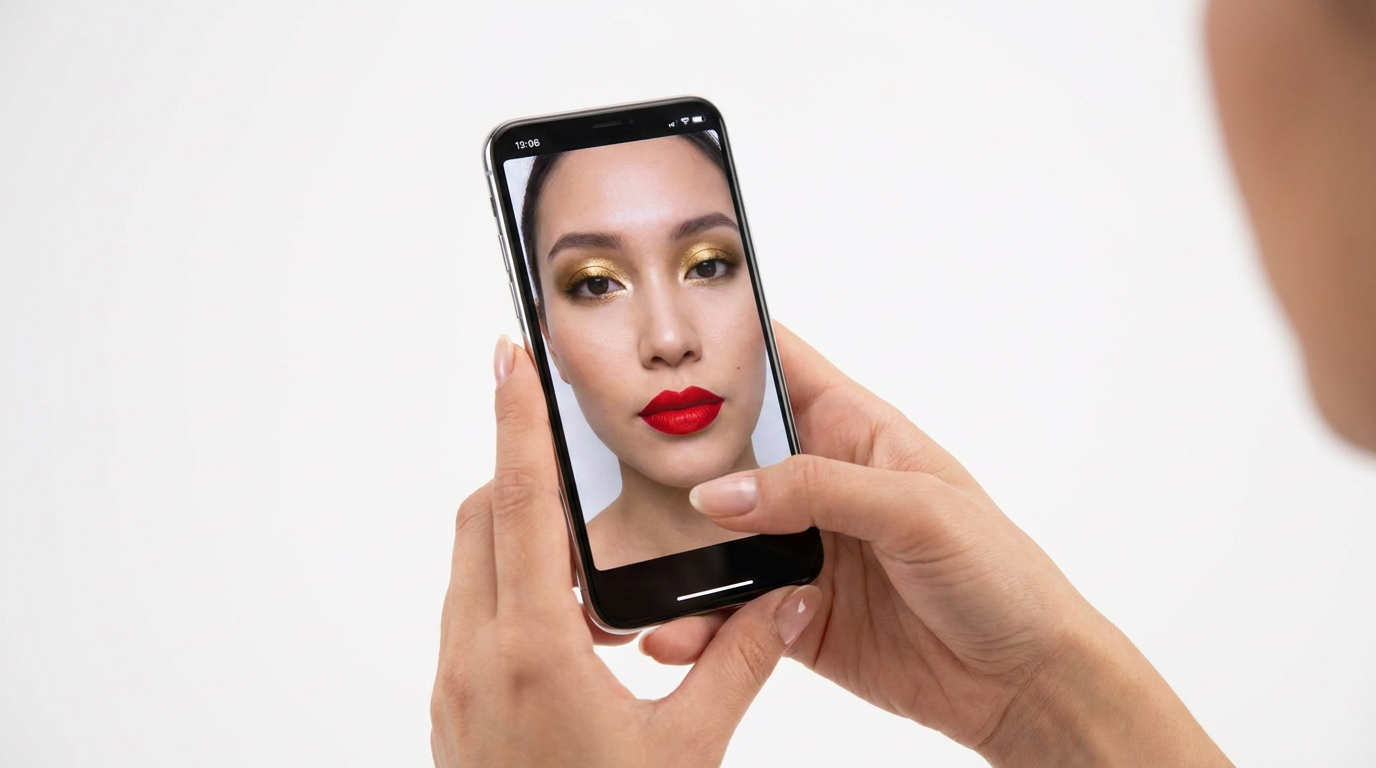 Hands holding phone with AR cosmetics try on showing lipstick shades in real time