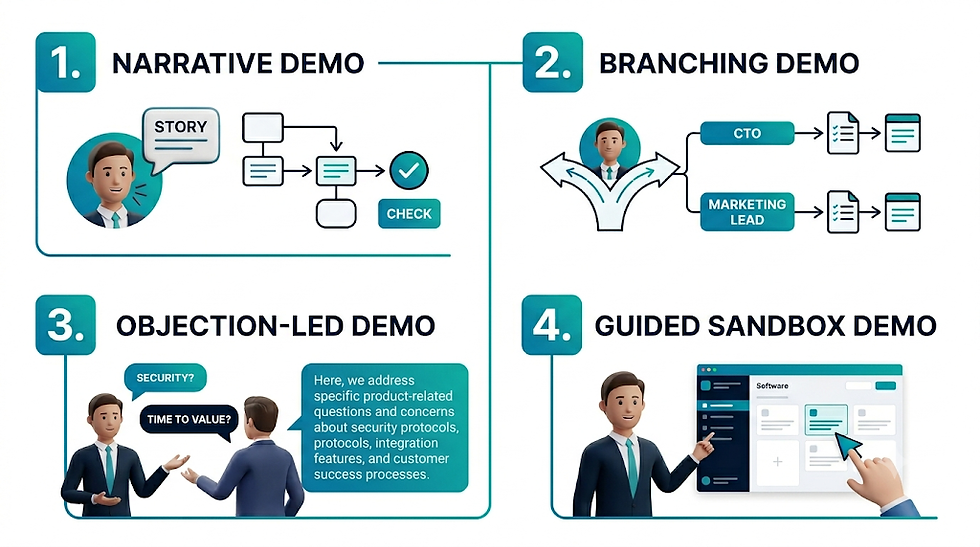 Four-panel infographic: narrative, branching, objection-led, and guided sandbox demos with suits, speech bubbles, and software UI.