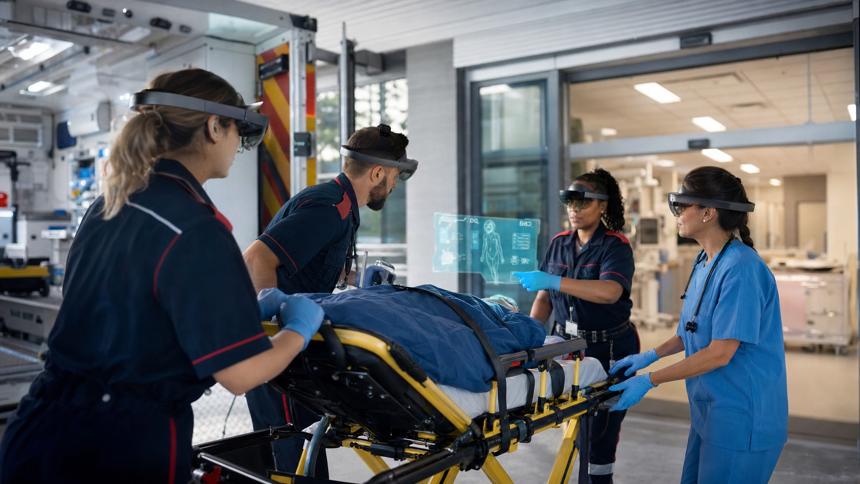 Paramedics and emergency nurses rehearsing an XR ambulance-to-hospital patient handoff