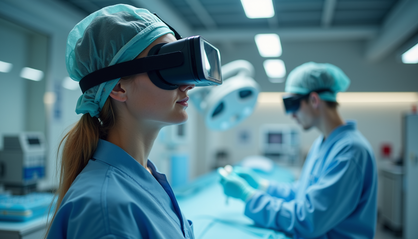 Eye-level view of a medical professional using a VR headset in a clinical setting
