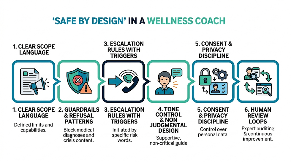 Flowchart titled "Safe by Design in a Wellness Coach" with six steps: Scope Language, Guardrails, Escalation, Tone Control, Consent, and Review Loops.