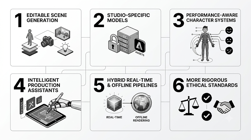 Six-panel AI infographic showing editable scenes, studio models, character systems, production assistants, real-time/offline pipelines, ethics