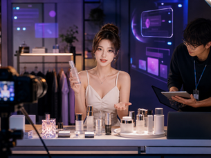 Virtual influencer hosting a real-time live shopping session in a modern studio