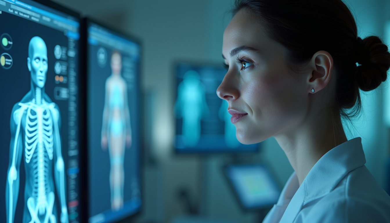 Eye-level view of a digital human avatar displayed on a medical monitor