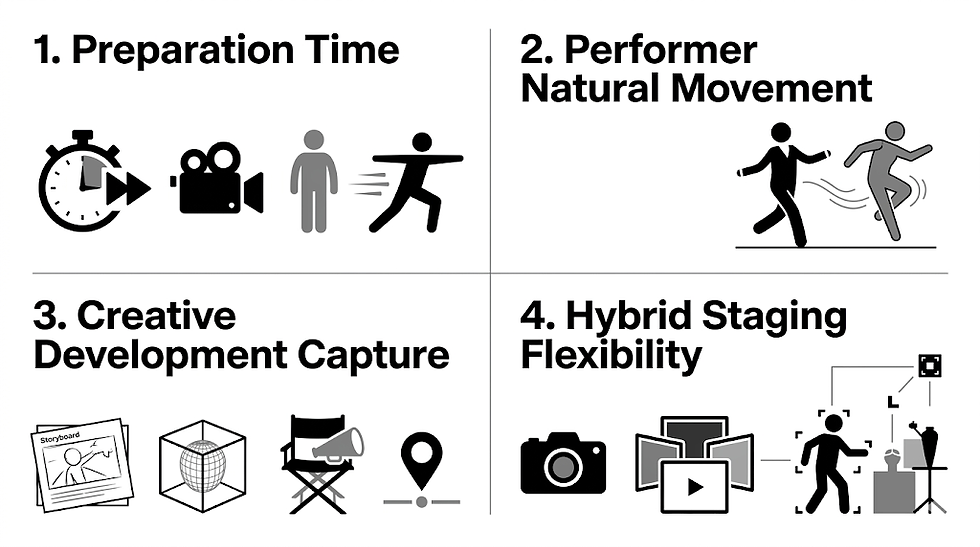 Four illustrated quadrants titled: 1. Preparation Time, 2. Performer Natural Movement, 3. Creative Development Capture, 4. Hybrid Staging Flexibility.