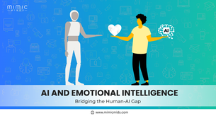 Robot and human exchange heart and AI symbol. Blue-green tech-themed background. Text: "AI and Emotional Intelligence: Bridging the Human-AI Gap."