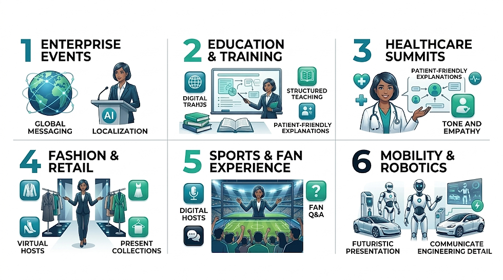 Grid of six sections showing diverse professional scenes with AI themes: events, education, healthcare, fashion, sports, and robotics.