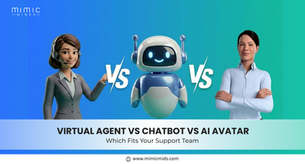 Illustration with a virtual agent, chatbot, and AI avatar on a blue-green background, labeled "Virtual Agent vs Chatbot vs AI Avatar."