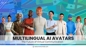 Diverse AI avatars pose against a colorful flag background. Text: Multilingual AI Avatars, The Future of Virtual Communication.