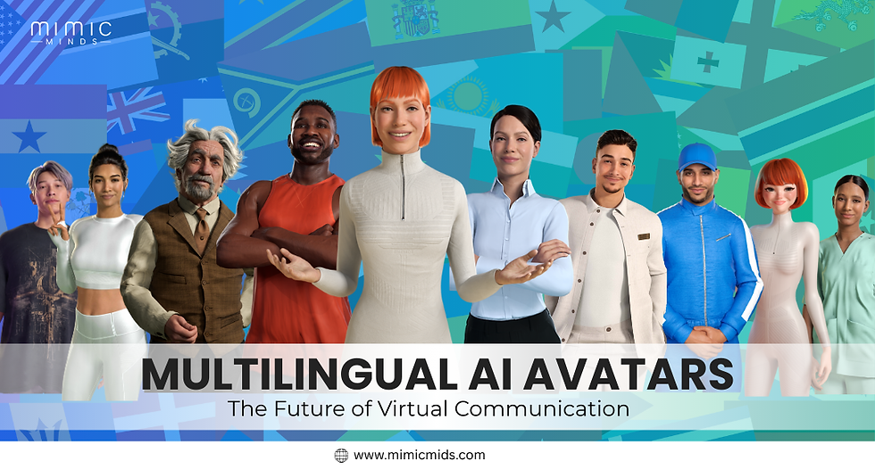 Diverse AI avatars pose against a colorful flag background. Text: Multilingual AI Avatars, The Future of Virtual Communication.