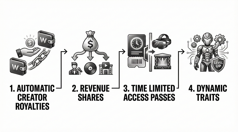 Flowchart with four icons: 1. Chains and wallets (Automatic Royalties), 2. Money bag (Revenue Shares), 3. Clock and VR (Access Passes), 4. Robot (Dynamic Traits).