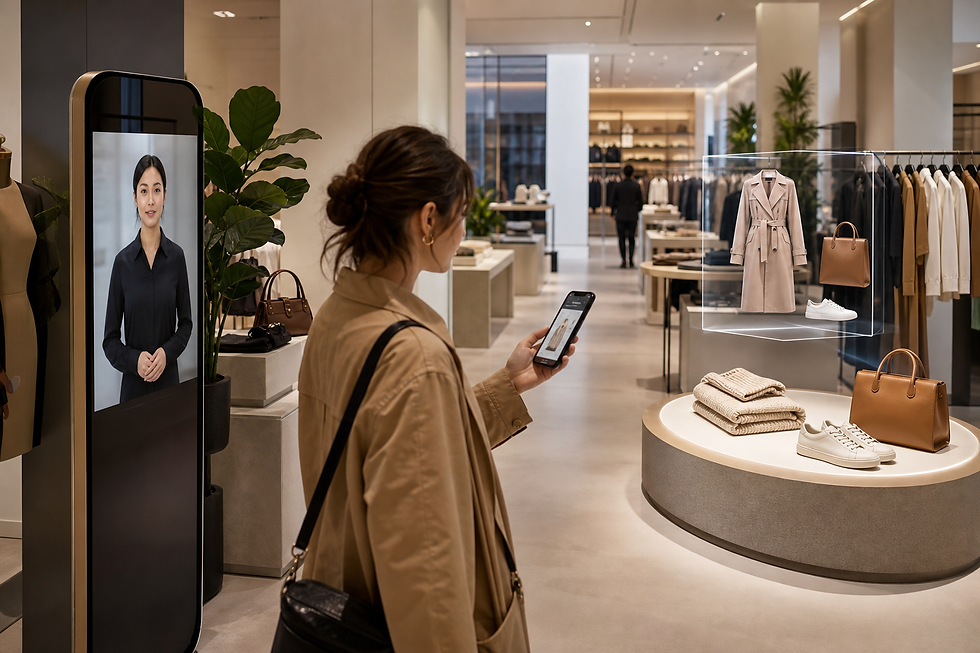 Shopper using retail experience orchestration across AI, 3D displays, and store support
