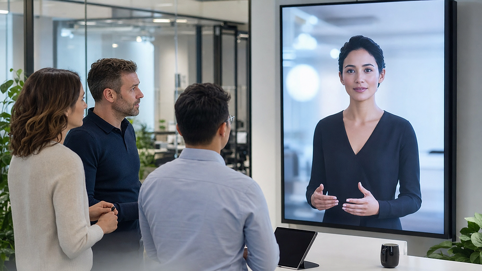 AI avatar greeting attendees inside a branded virtual event platform