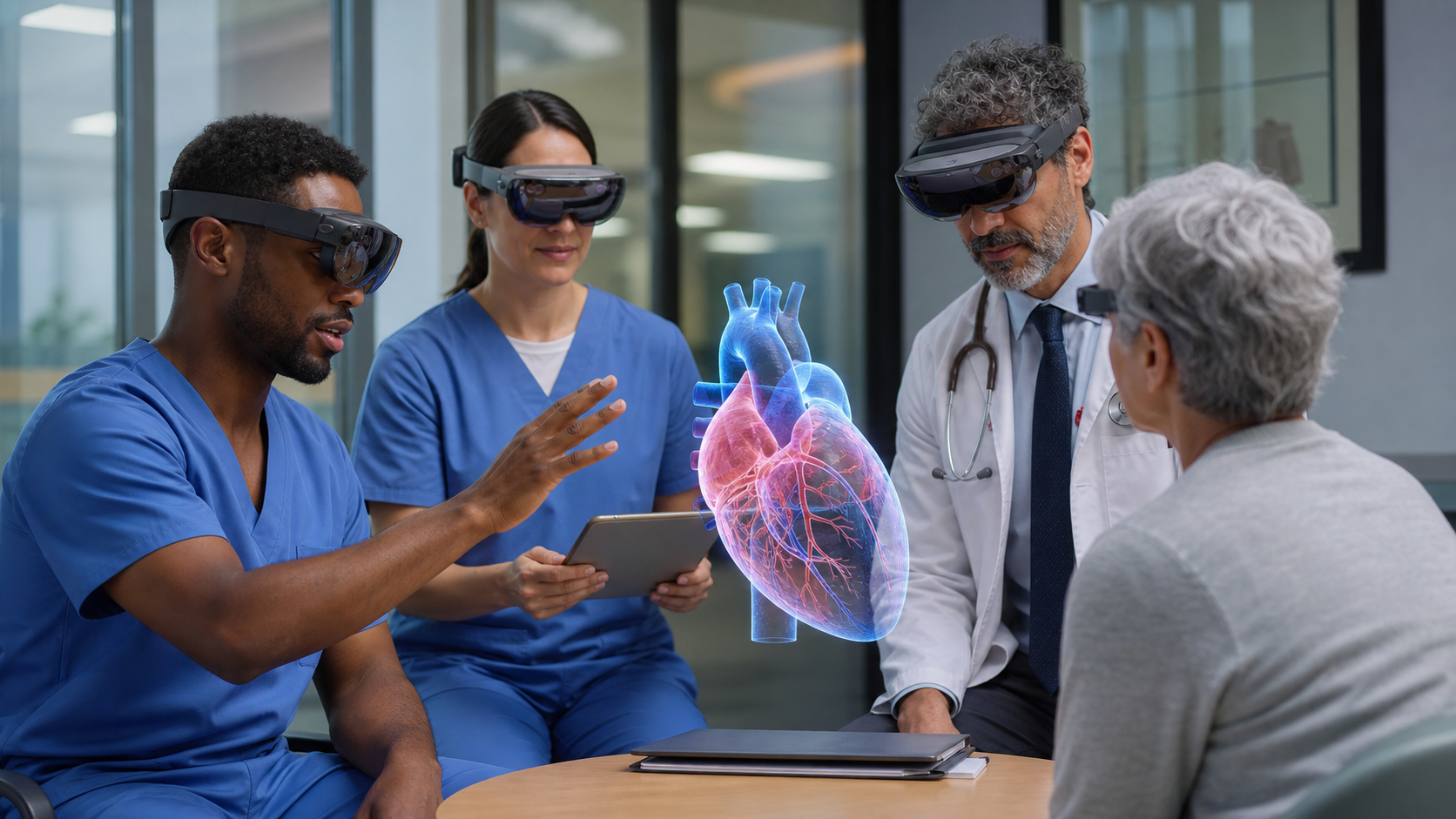 Clinical team and patient reviewing a mixed reality anatomy model for immersive patient education