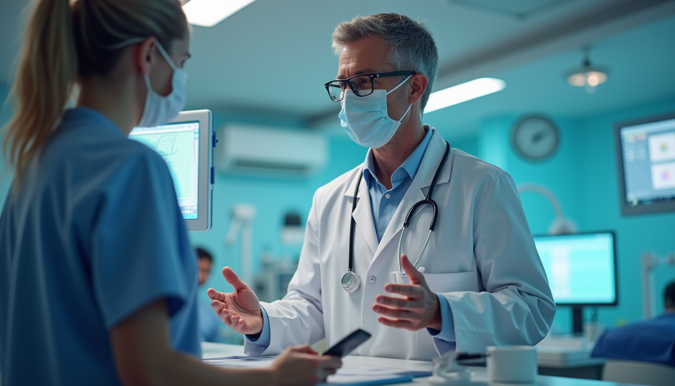 Close-up view of a healthcare professional interacting with a virtual patient avatar in a clinical setting