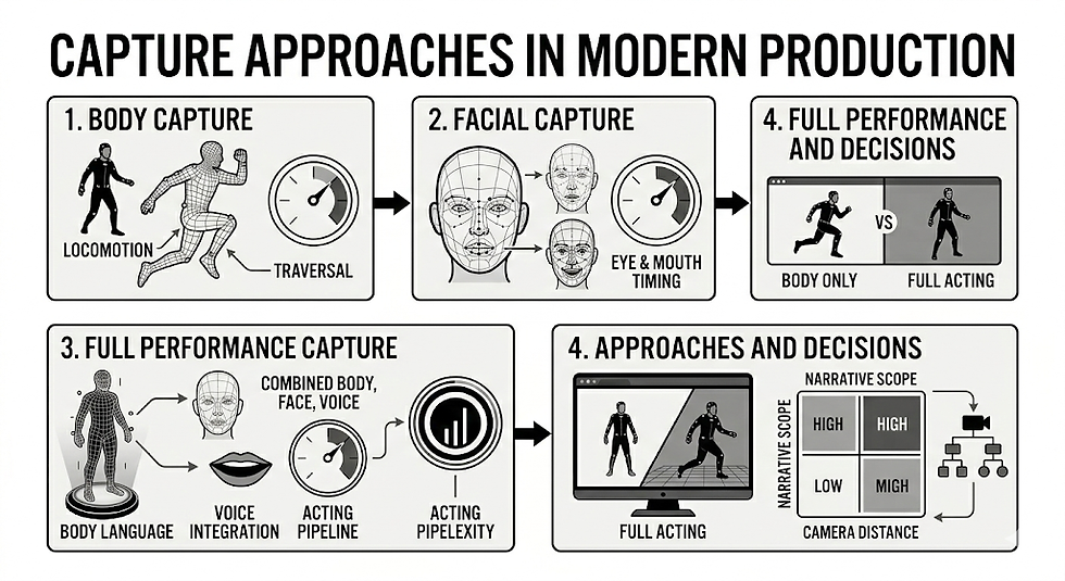 Diagram illustrating four capture approaches in modern production: body, facial, full performance, and decisions, with icons and text.