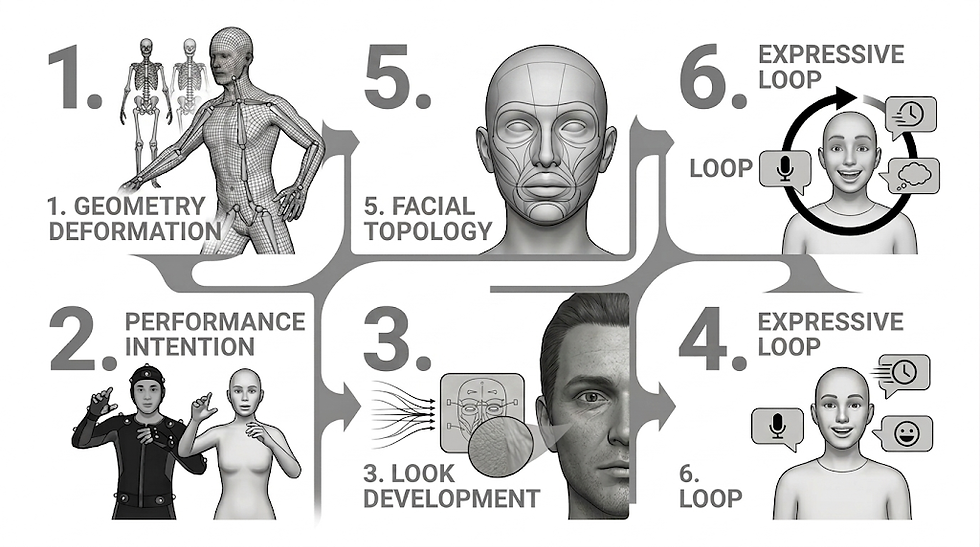 Diagram illustrating 3D animation process steps: geometry deformation, performance, look development, expressive loops, and facial topology.