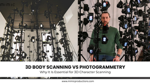 3D scanning setup with numerous cameras. A man in green sits in the center. Text: "3D Body Scanning vs Photogrammetry" at the bottom.
