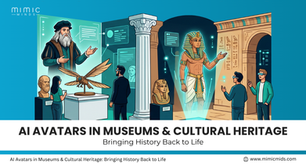 AI avatars of historical figures in a museum setting, engaging visitors. Includes a holographic Egyptian pharaoh and a Leonardo-like figure.