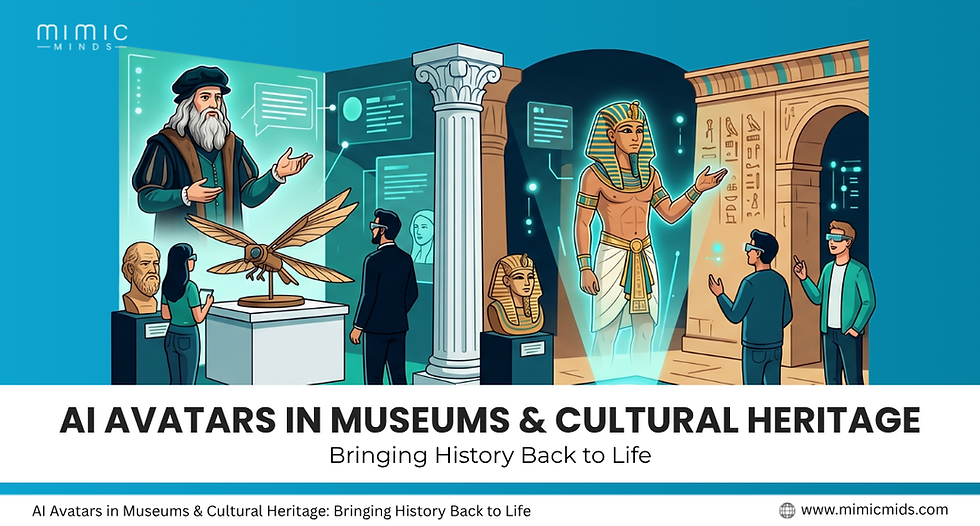 AI avatars of historical figures in a museum setting, engaging visitors. Includes a holographic Egyptian pharaoh and a Leonardo-like figure.