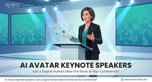 AI avatar giving a keynote speech with holographic display. Stage is lit with blue tones. Text: "AI Avatar Keynote Speakers".