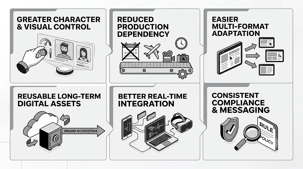 Six-panel infographic on digital production benefits: greater control, less dependency, format adaptation, reuse, integration, compliance.