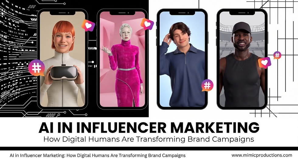 Four digital influencers in smartphone frames promote AI in influencer marketing; headline and subtitle below on black-and-white tech background