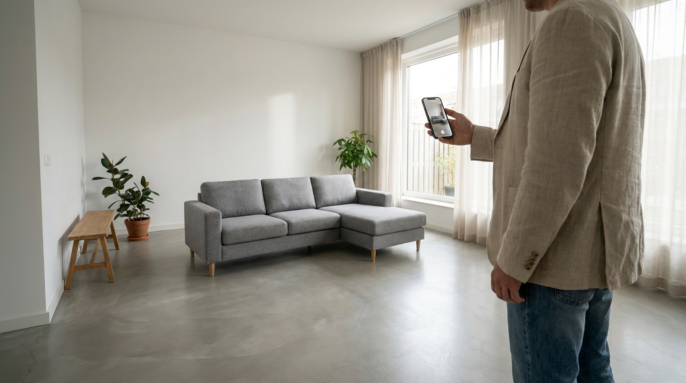 AR furniture visualisation with sofa placed in a real living room via smartphone