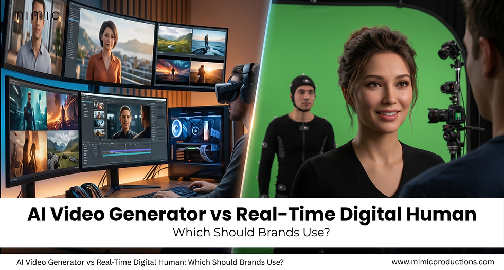 Split-screen comparing AI video editing on multiple monitors with a real-time digital human on a green screen set.