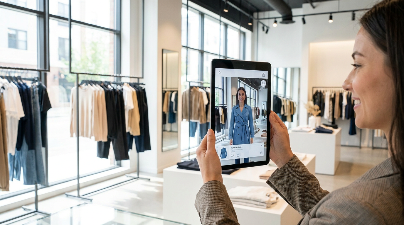 Woman using AR to virtually try on a jacket in a fashion retail store