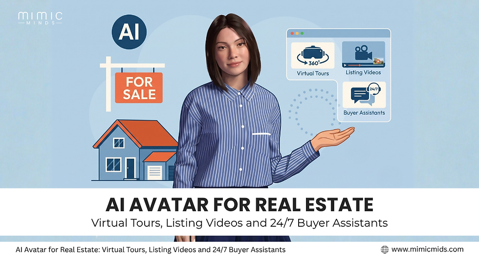 AI avatar woman presents real estate graphic with for sale house and icons for virtual tours, listing videos, and buyer assistants.
