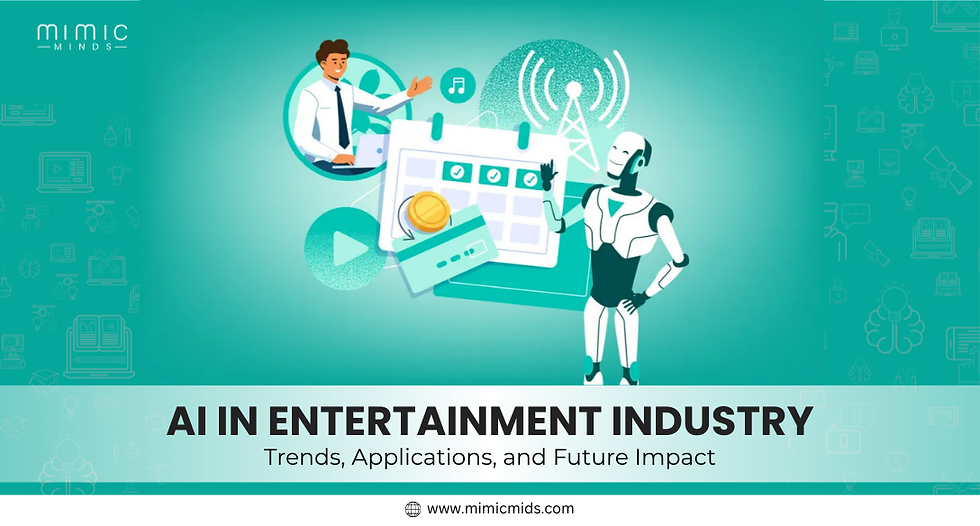 AI robot and businessman discussing in a tech-themed setting. Text: AI in Entertainment Industry: Trends, Applications, Future Impact.