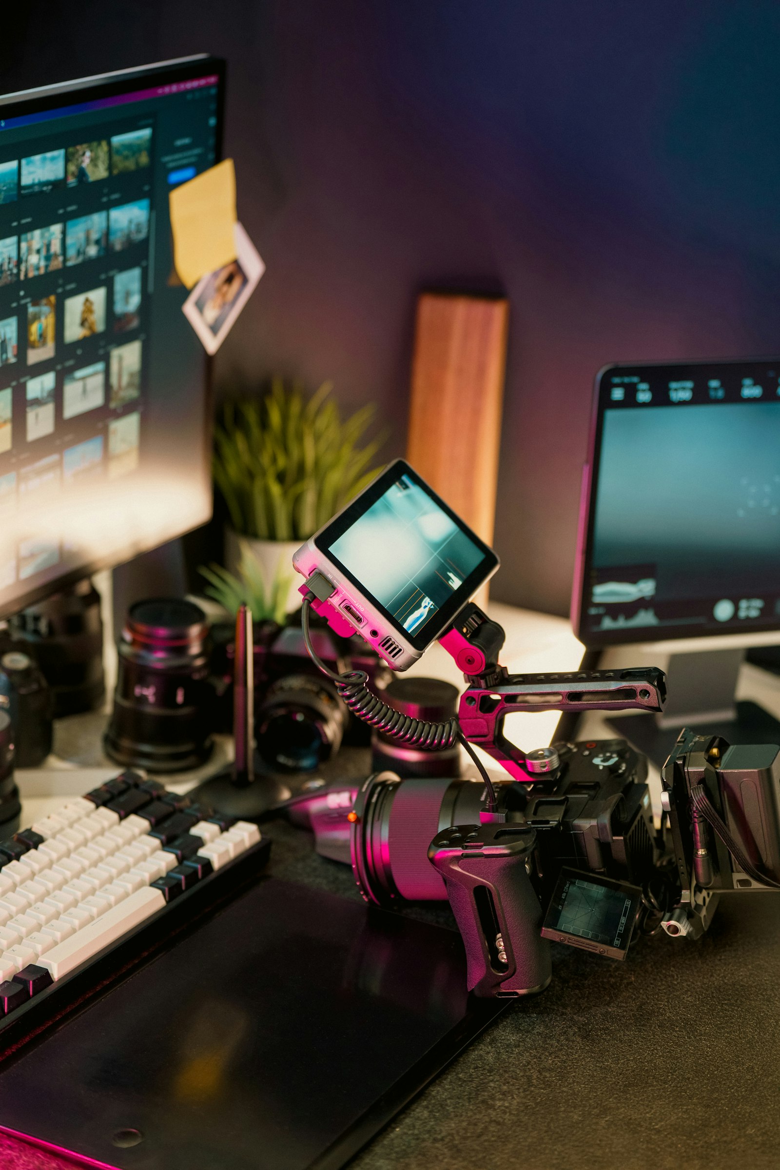Filmmaker's production desk with camera, lenses and editing monitors